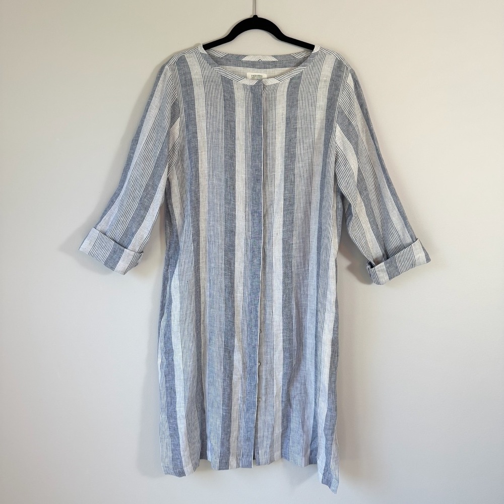 Haven Well Within Linen Shirt Dress Blue White Stripe Coastal Beach‎ Shift L
